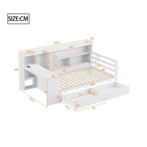 Sofá cama CollaHausse de madera maciza, Con estantería, Con estantes 90x200cm