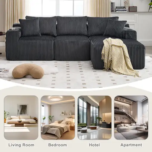 Sofá modular CollaHausse en chenilla, Chaise longue, 2 plazas, 5 cojines Sofá modular CollaHausse en chenilla, Chaise longue, 2 plazas, 5 cojines