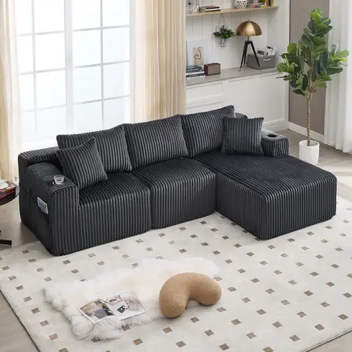 Sofá modular CollaHausse en chenilla, Chaise longue, 2 plazas, 5 cojines