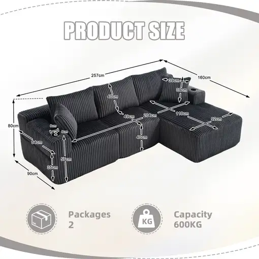 Sofá modular CollaHausse en chenilla, Chaise longue, 2 plazas, 5 cojines