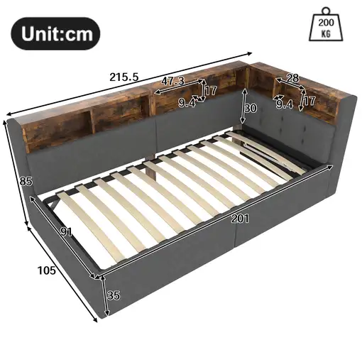 Cama CollaHausse en lino, 90 × 200 cm, USB, Tipo C 90x200cm
