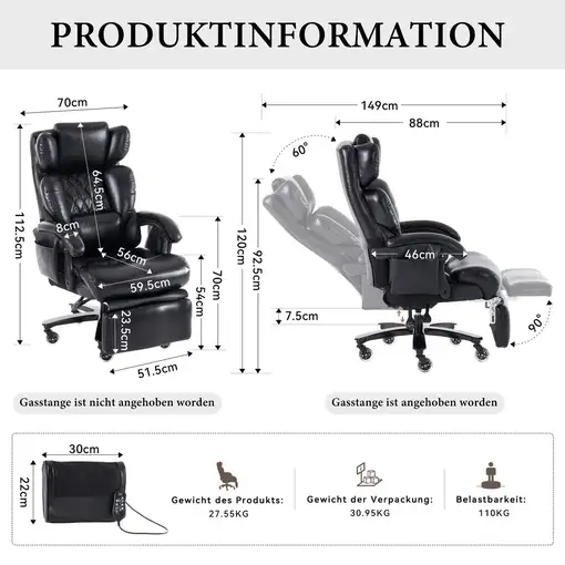 Silla de oficina CollaHausse en cuero PU, Ergonómico, Masaje, Calefactable