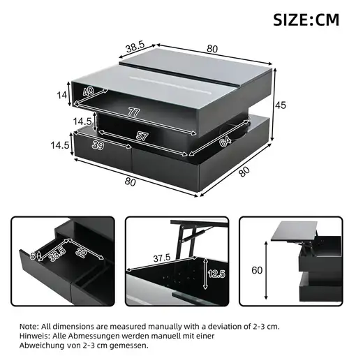 Mesa de centro CollaHausse en vidrio templado, Ajustable en altura 80x80x45cm