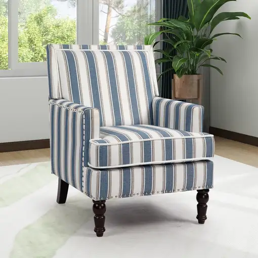 Sillón CollaHausse en lino, Rayas azul y blanco, Tachuelas decorativas, Vintage
