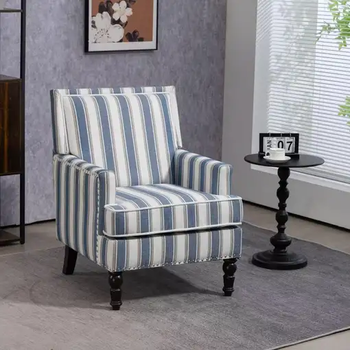 Sillón CollaHausse en lino, Rayas azul y blanco, Tachuelas decorativas, Vintage