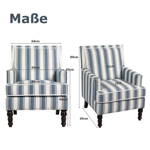 Sillón CollaHausse en lino, Rayas azul y blanco, Tachuelas decorativas, Vintage