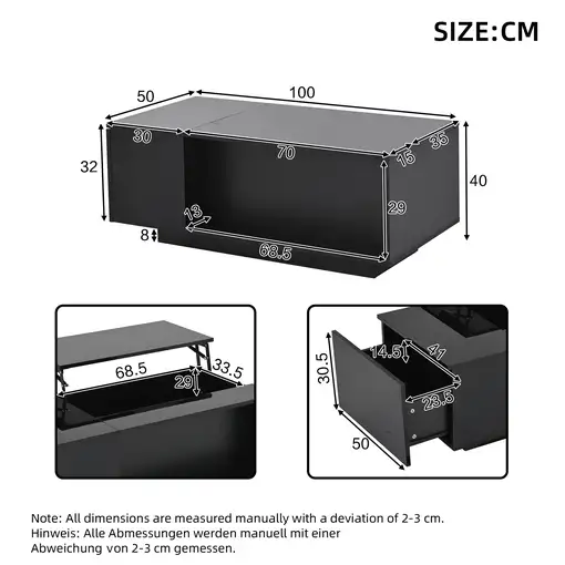 Mesa de centro CollaHausse Ajustable en altura, Almacenamiento oculto 100x50x40cm