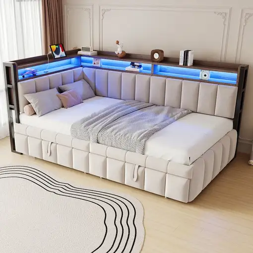 Sofá cama CollaHausse en terciopelo, Cama nido, Iluminación LED 90x200cm Sofá cama CollaHausse en terciopelo, Cama nido, Iluminación LED 90x200cm