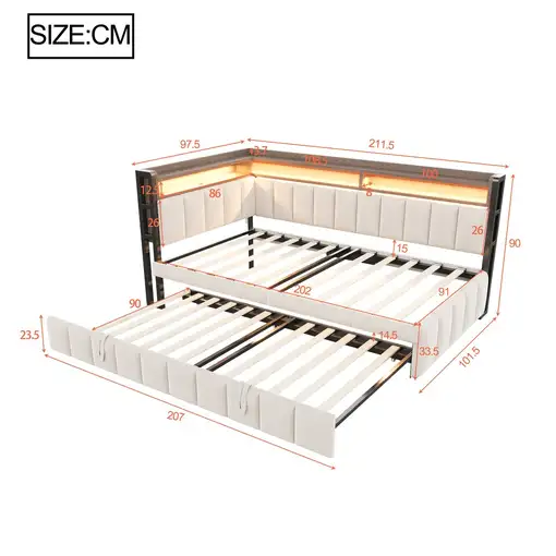 Sofá cama CollaHausse en terciopelo, Cama nido, Iluminación LED 90x200cm