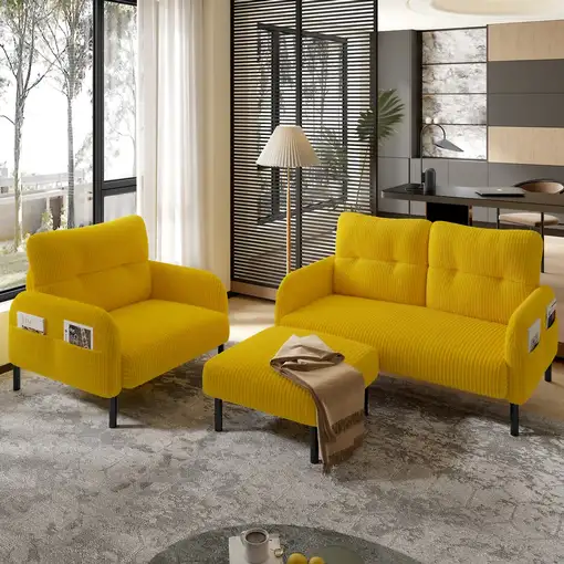 Conjunto de salón CollaHausse en tela, Conjunto de 3 piezas, 1 sillón, 1 puf Conjunto de salón CollaHausse en tela, Conjunto de 3 piezas, 1 sillón, 1 puf