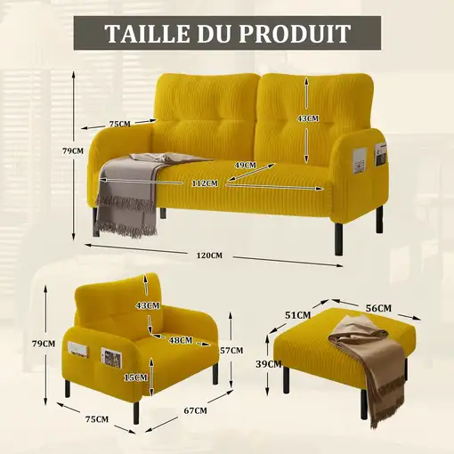 Conjunto de salón CollaHausse en tela, Conjunto de 3 piezas, 1 sillón, 1 puf