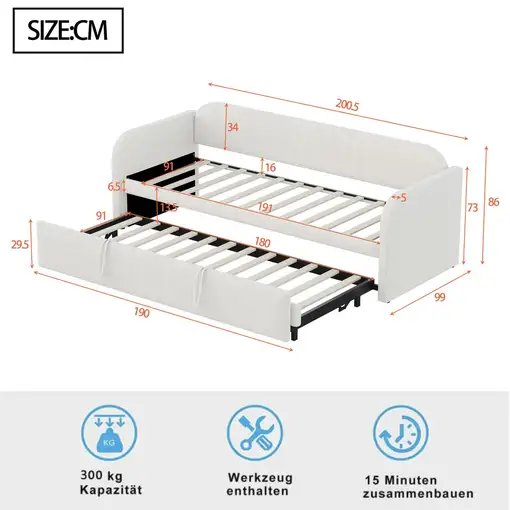Cama CollaHausse en lino, Extensible, Somier de láminas, Multifunción 90/180x190cm