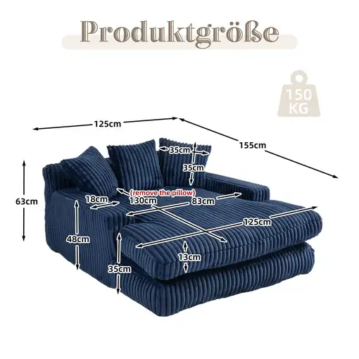 Sofá cama CollaHausse en pana, 3 cojines mullidos, suelo, moderno, Azul marino