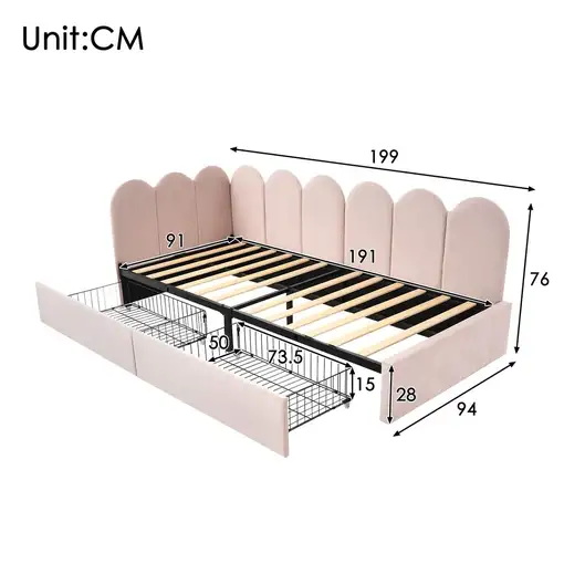 Cama CollaHausse en terciopelo, Con cajones, Almacenamiento 90x190cm