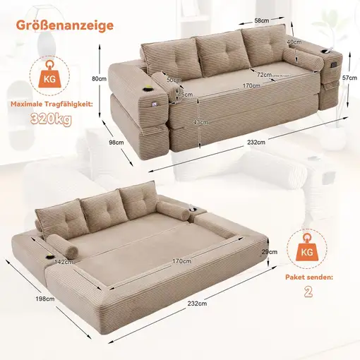 Sofá clic-clac CollaHausse Espuma de alta densidad, Muelles, Forma estable