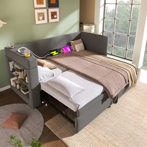Cama CollaHausse en tejido mezcla de lino, Con cama nido 90x190cm