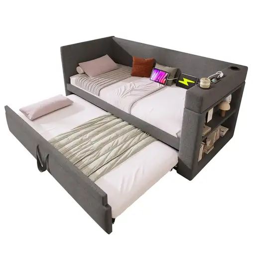 Cama CollaHausse en tejido mezcla de lino, Con cama nido 90x190cm