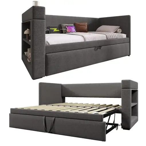 Cama CollaHausse en tejido mezcla de lino, Con cama nido 90x190cm