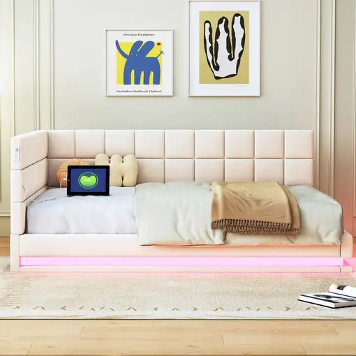 Cama CollaHausse en lino, Multifunción, Tira LED, Puerto USB 140x200cm