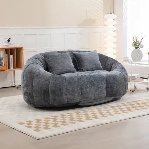 Sillón CollaHausse en chenilla, Puf de bolitas, Respaldo alto