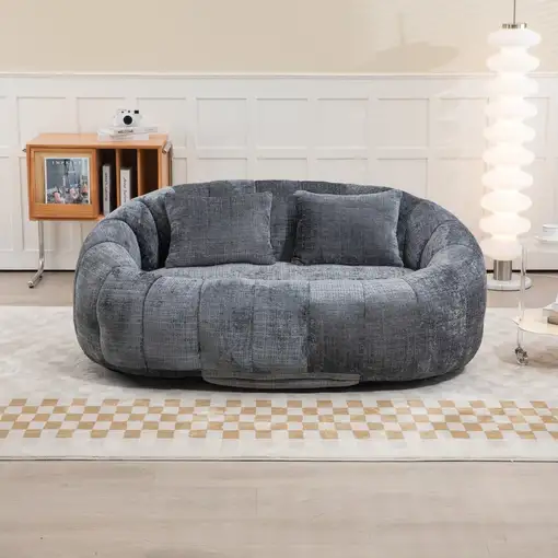 Sillón CollaHausse en chenilla, Puf de bolitas, Respaldo alto