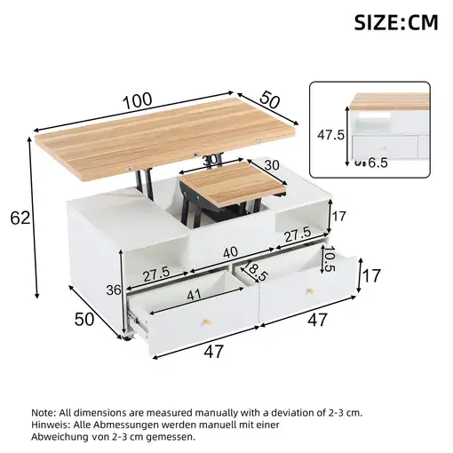 Mesa de centro CollaHausse Ajustable en altura, Función plegable 100x50x47,5cm