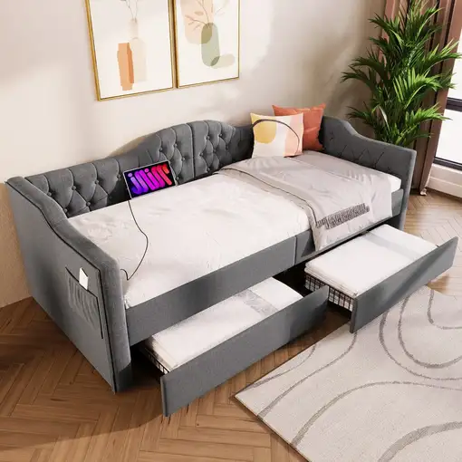 Cama CollaHausse en lino, Con función de carga USB Type-C, Con 2 cajones 90x190cm Cama CollaHausse en lino, Con función de carga USB Type-C, Con 2 cajones 90x190cm