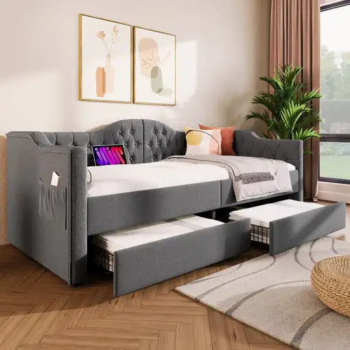 Cama CollaHausse en lino, Con función de carga USB Type-C, Con 2 cajones 90x190cm