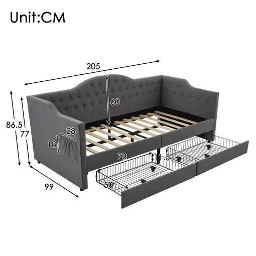 Cama CollaHausse en lino, Con función de carga USB Type-C, Con 2 cajones 90x190cm