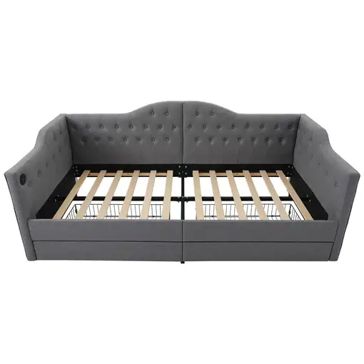 Cama CollaHausse en lino, Con función de carga USB Type-C, Con 2 cajones 90x190cm