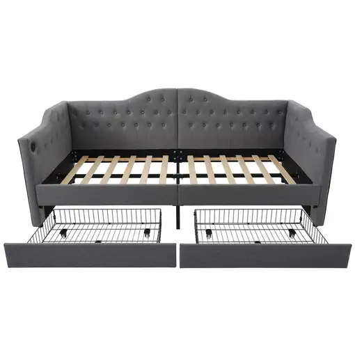 Cama CollaHausse en lino, Con función de carga USB Type-C, Con 2 cajones 90x190cm
