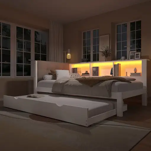 Cama CollaHausse en madera de pino, Con cama nido, Con tira LED regulable 90x200cm Cama CollaHausse en madera de pino, Con cama nido, Con tira LED regulable 90x200cm