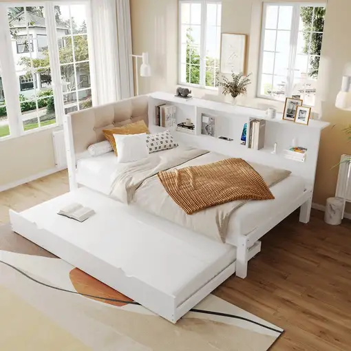 Cama CollaHausse en madera de pino, Con cama nido, Con tira LED regulable 90x200cm