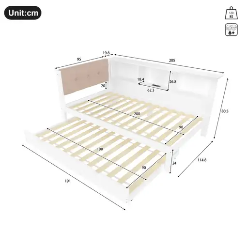 Cama CollaHausse en madera de pino, Con cama nido, Con tira LED regulable 90x200cm