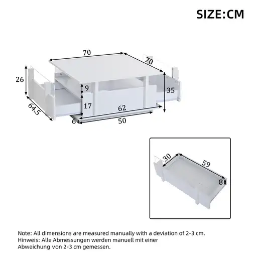 Mesa de centro CollaHausse Alto brillo, 2 cajones, Iluminación LED 70x70x35cm