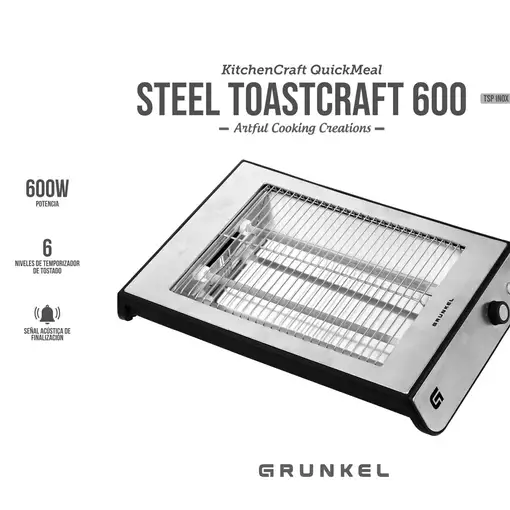 Tostador plano compacto inox, 600 W, hasta 4 rebanadas, TSP-INOX GRUNKEL