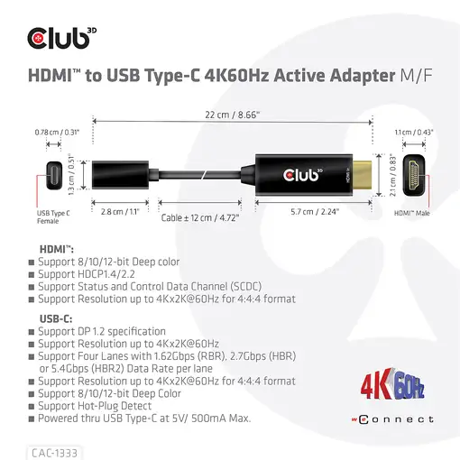 CLUB3D CAC-1333 adaptador de cable de vídeo 0,22 m HDMI tipo A (Estándar) USB Tipo