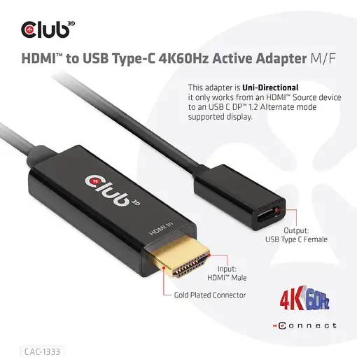 CLUB3D CAC-1333 adaptador de cable de vídeo 0,22 m HDMI tipo A (Estándar) USB Tipo