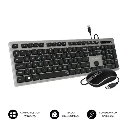 Teclado Ergonómico Y Ratón Con Cable Usb Plano Silencioso Ergo  Gris Negro