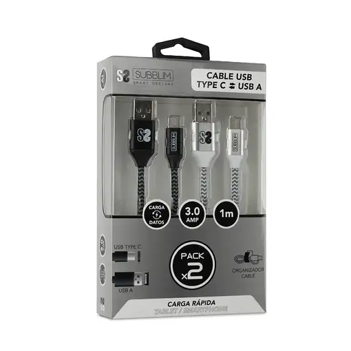 Pack 2 Cables Usb Tipo C – Usb A (3.0A) Negro/Plata