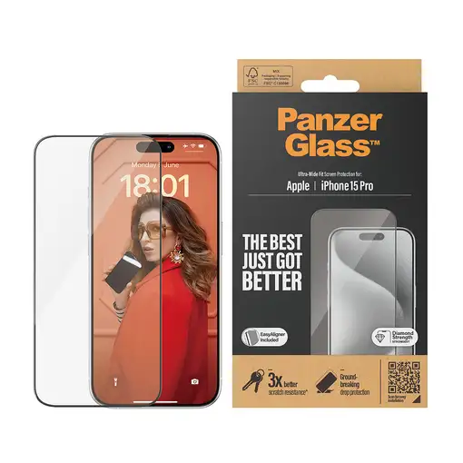 PanzerGlass ® Screen Protector iPhone 15 Pro | Ultra-Wide Fit w. EasyAligner Prote