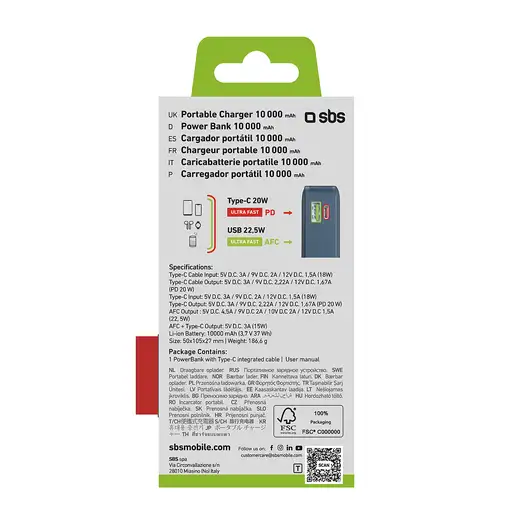 SBS TTBB10000LCDTCPD20B batería externa 10000 mAh Azul