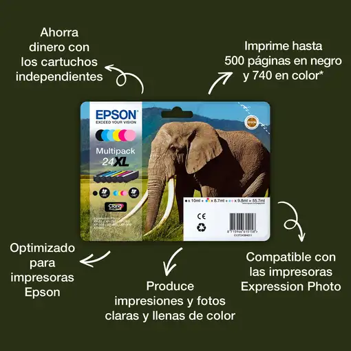 Epson Elephant Tinta multipack 6 colores 24 Claria Photo HD Elefantes