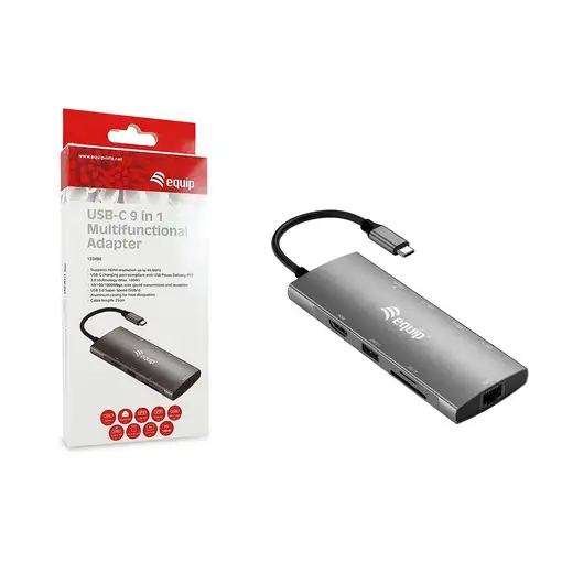 Equip Adaptador multifunción USB-C 9 en 1, HDMI 4K/60Hz, Gigabit LAN, USB 3.2 GEN1
