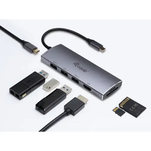 Equip Adaptador multifunción USB-C 7 en 1, HDMI, USB 3.0, TF/MICRO SD, 60W USB PD