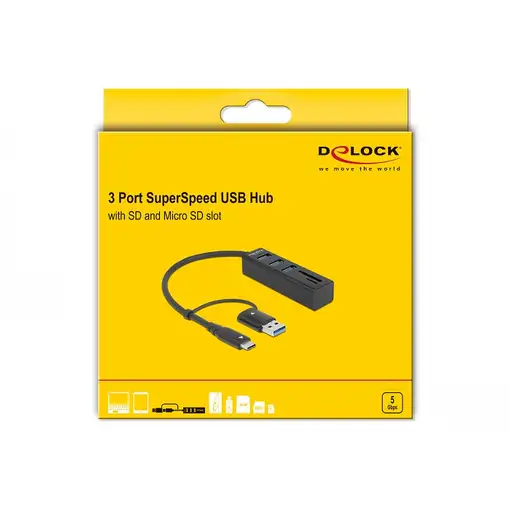 DeLOCK Concentrador USB 3.2 Gen 1 de 3 puertos + lector de tarjetas SD y Micro SD