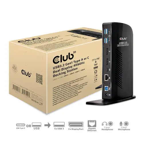 CLUB3D USB3.2 Gen1 Type A or C Dual Display 4K60Hz Docking Station DisplayLink® Ce
