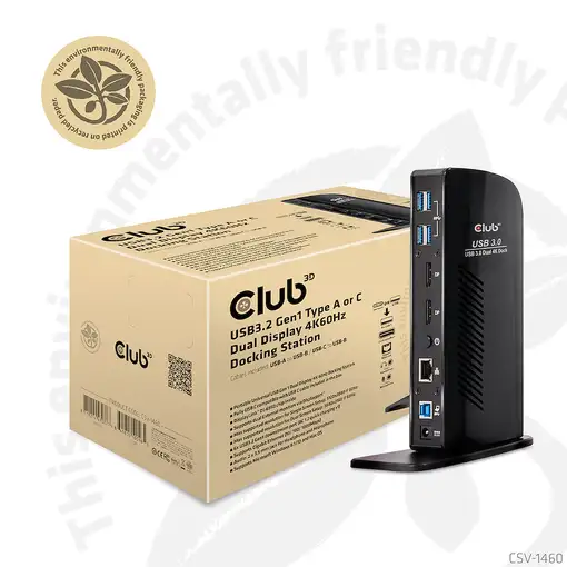 CLUB3D USB3.2 Gen1 Type A or C Dual Display 4K60Hz Docking Station DisplayLink® Ce
