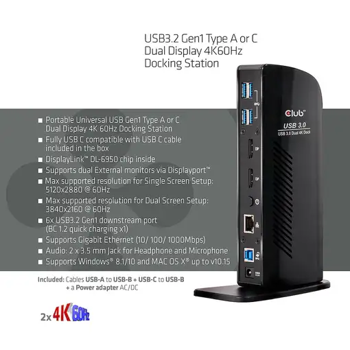 CLUB3D USB3.2 Gen1 Type A or C Dual Display 4K60Hz Docking Station DisplayLink® Ce