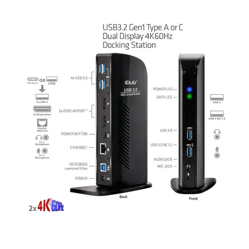 CLUB3D USB3.2 Gen1 Type A or C Dual Display 4K60Hz Docking Station DisplayLink® Ce